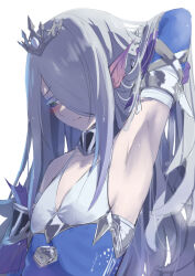 1girl armpits arms_behind_head blush duel_monster embarrassed fins green_eyes grey_hair hair_over_one_eye head_fins highres long_hair looking_to_the_side shun_no_shun simple_background tearlaments_scheiren wet white_background yu-gi-oh!