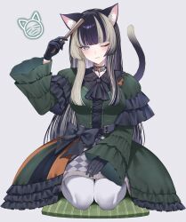 1girl ;3 absurdres animal_ear_fluff animal_ears black_choker black_gloves black_hair blue_eyes blunt_bangs brooch capelet cat_ears cat_girl cat_tail choker closed_mouth commentary_request dress fang folding_fan frilled_dress frills gloves gothic_lolita green_dress grey_hair hand_fan hand_up highres hime_cut holding holding_fan hololive hololive_dev_is jewelry juufuutei_raden juufuutei_raden_(1st_costume) kemonomimi_mode lace lace_choker lolita_fashion long_hair long_sleeves looking_at_viewer mui_maru multicolored_hair one_eye_closed original pantyhose seiza sidelocks simple_background sitting solo straight-on straight_hair streaked_hair tail two-tone_hair virtual_youtuber white_background white_pantyhose wide_sleeves
