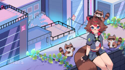 1girl :3 animal_ears arm_support artist_name bandaid bandaid_on_face bandaid_on_nose belt black_gloves black_shorts blue_eyes blue_jacket blue_overskirt blush bright_pupils brown_hair brown_tail building character_name chest_strap city colored_tips commentary commission criss-cross_straps cropped_shirt fingerless_gloves gloves goggles goggles_on_head hair_flaps highres imars indie_virtual_youtuber jacket leaf_brooch midriff multi-source_commentary multicolored_hair on_roof plant power_lines raccoon raccoon_ears raccoon_girl raccoon_tail raised_eyebrows rakkun_sutaru rakkun_sutaru_(4th_costume) red_belt red_hair shirt short_hair short_sleeves shorts sitting sitting_on_roof sitting_on_wall spanish_commentary striped_tail tail utility_pole vines virtual_youtuber watermark white_pupils white_shirt
