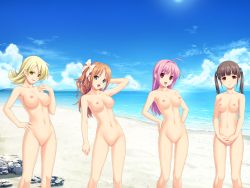 10s 4girls antenna_hair beach black_hair blonde_hair bow breasts brown_eyes brown_hair cloud game_cg green_eyes groin hair_bow hair_ribbon highres hinata_hanabi katakage_fuurin koutaro lineup long_hair minazuki_izumi multiple_girls navel nipples no_pussy nude nudist ocean open_mouth pink_hair purple_hair red_eyes ribbon sky smile standing suzukaze_hotaru take_your_pick thigh_gap thighs tropical_kiss twintails