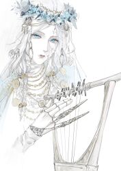1girl blue_eyes claw_ring closed_mouth cracked_skin doll_joints dress elden_ring elden_ring_nightreign head_wreath highres holding holding_instrument holding_lyre instrument jewelry joints kabyyi long_hair looking_at_viewer lyre music playing_instrument revenant_(elden_ring) solo veil white_background white_dress white_hair white_veil