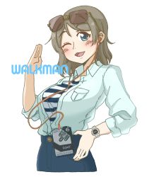 1girl ;) absurdres aqua_eyes artist_name artist_request blue_eyes blue_pants blush breasts brown_hair collarbone earrings female_focus glasses glasses_on_head grey_hair hair_between_eyes headphones highres jewelry light_brown_hair looking_at_viewer love_live! love_live!_sunshine!! medium_breasts one_eye_closed pants salute shirt short_hair smile solo sony striped_clothes striped_shirt watanabe_you watch white_background white_shirt