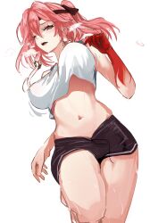 1girl absurdres alternate_costume black_shorts bouncing_breasts braid breasts breath changli_(wuthering_waves) chinese_commentary colored_extremities commentary_request crop_top cyk_(cyk451) drinking hair_extensions hand_up highres large_breasts looking_at_viewer medium_hair navel open_mouth pink_hair red_hands ring_hair_extensions running shirt shorts simple_background solo stomach sweat twin_braids white_background white_shirt wuthering_waves yellow_eyes