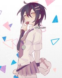 ahoge box collared_shirt cropped_legs cscarus gift gift_box heart-shaped_box highres holding holding_gift kure_kirika mahou_shoujo_madoka_magica mahou_shoujo_oriko_magica miniskirt necktie shirt short_sleeves skirt triangle white_background white_shirt