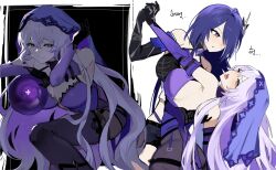 2girls @_@ acheron_(honkai:_star_rail) black_choker black_gloves black_swan_(honkai:_star_rail) boots breasts choker dancing detached_sleeves gloves hair_over_one_eye highres holding_hands honkai:_star_rail honkai_(series) hsk10107 leaning_back leaning_to_the_side light_blush long_hair looking_at_another looking_at_viewer mole multiple_girls open_mouth orb purple_eyes purple_hair purple_veil simple_background sweatdrop thigh_boots tongue tongue_out veil white_hair yuri