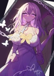 1girl absurdres alternate_breast_size alternate_costume bag bandaged_arm bandages blush breasts broken broken_chain bug butterfly castorice_(honkai:_star_rail) chain choker cleavage commentary_request crying crying_with_eyes_open different_reflection dress eyelashes hair_between_eyes highres honkai:_star_rail honkai_(series) insect korean_commentary large_breasts multicolored_hair pink_hair pointy_ears purerin purple_eyes purple_hair reflection sparkle tears white_dress