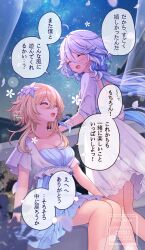 2girls ^_^ back_cutout blonde_hair blue_dress breasts cleavage closed_eyes clothing_cutout collarbone commentary_request dress furina_(genshin_impact) genshin_impact hair_between_eyes highres kashiba_aira lumine_(genshin_impact) medium_breasts multiple_girls night night_sky open_mouth outdoors short_hair_with_long_locks signature sitting sky standing star_(sky) starry_sky translation_request twitter_username white_dress