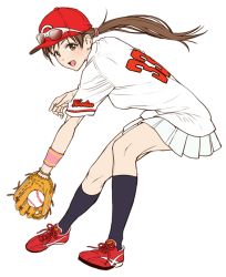 1girl :d baseball baseball_cap baseball_glove baseball_jersey black_socks bracelet breasts brown_eyes brown_hair eyewear_on_headwear female_focus fielding full_body hat hiroshima_touyou_carp idolmaster idolmaster_cinderella_girls jersey jewelry kneehighs long_hair looking_at_viewer low_ponytail medium_breasts nigou nippon_professional_baseball nitta_minami open_mouth pleated_skirt ponytail red_shoes shirt shoes simple_background skirt smile socks solo sunglasses white_background white_shirt wristband