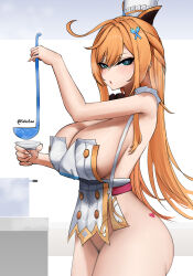 1girl absurdres adapted_costume apron arms_up blonde_hair blue_eyes blush breasts chef_hat cleavage cowlick cup escoffier_(genshin_impact) fork_hair_ornament genshin_impact hat heart heart-shaped_pupils heart_tattoo highres holding holding_cup holding_ladle huge_breasts ladle large_breasts long_hair looking_at_viewer mivioppai naked_apron no_panties open_mouth revealing_clothes simple_background solo soup_ladle standing symbol-shaped_pupils tattoo toque_blanche white_apron white_hat