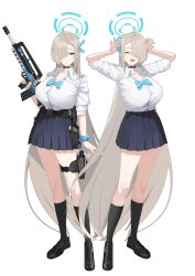 Rule 34 | 2girls, absurdres, asuna (blue archive), asuna (school uniform) (blue archive), black choker, black shoes, black skirt, black socks, blue archive, blue bow, blue bowtie, blue eyes, blue nails, blue ribbon, blue scrunchie, bow, bowtie, breasts, choker, closed eyes, closed mouth, collared shirt, full body, grey hair, gun, hair over one eye, hair ribbon, halo, highres, holding, holding gun, holding weapon, holster, large breasts, long hair, multiple girls, official alternate costume, open mouth, pleated skirt, ribbon, rifle, school uniform, scrunchie, shirt, shoes, skirt, socks, thigh holster, tnr (horiko1525), weapon, white shirt, wrist scrunchie