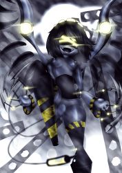 &gt;_&lt; 1girl :d absurdres black_hair bottomless breasts claws colored_skin crotch evil_grin evil_smile fangs featureless_crotch female_focus flying fog from_below glitch_productions grey_skin grin highres leg_lift leg_up living_weapon mechanical_tail mechanical_wings midair murder_drones night night_sky nipples open_mouth pixelboymagazine planet planetary_ring robot shiny_skin sky smile tail thighs topless_female v_(murder_drones) weapon wings xd yellow_eyes