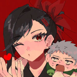 Rule 34 | 1boy, 1girl, black shirt, chibi, chibi inset, closed mouth, collared shirt, dot mouth, evan edrok, fingernails, grey eyes, grey hair, ha yuri zahard, hair ornament, hair ribbon, hairclip, hand up, heart, jacket, long hair, looking at another, looking at viewer, lowres, one eye closed, open mouth, original, red background, red eyes, red ribbon, ribbon, shadow, shirt, sweat, tower of god, white jacket, wy285223