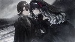 akai_ringo_(eveyuno) black_dress black_gloves black_hair black_headdress blood breasts choker dress gloves goth_fashion highres indoors lolita_fashion long_sleeves looking_at_viewer non-web_source original solo window