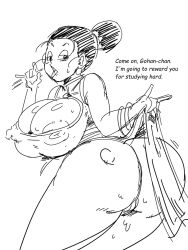 1girl breasts chi-chi_(dragon_ball) cleavage dragonball_z fellatio_gesture huge_breasts large_breasts rickert_kai s son_gohan