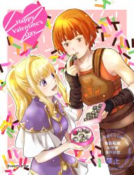 2girls :d armor bare_shoulders blonde_hair box box_of_chocolates breastplate breasts chocolate clarine_(fire_emblem) commentary_request dorothy_(fire_emblem) fingerless_gloves fire_emblem fire_emblem:_the_binding_blade freckles gloves happy_valentine highres holding holding_box multiple_girls nintendo open_mouth orange_hair ponytail purple_eyes shirt skirt sleeveless sleeveless_shirt small_breasts smile usachu_now valentine white_skirt
