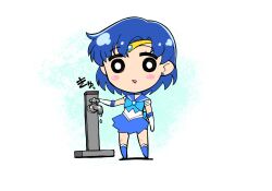 Rule 34 | 1girl, :d, bishoujo senshi sailor moon, black eyes, blue boots, blue bow, blue choker, blue hair, blue sailor collar, blue skirt, blush stickers, boots, bow, bright pupils, chibi, chibi only, choker, circlet, earrings, elbow gloves, faucet, full body, gloves, highres, himehachi (hime8manga), jewelry, legs apart, magical girl, miniskirt, mizuno ami, no nose, open mouth, sailor collar, sailor mercury, sailor senshi uniform, shirt, short hair, skirt, sleeveless, sleeveless shirt, smile, solo, standing, water, white pupils, white shirt