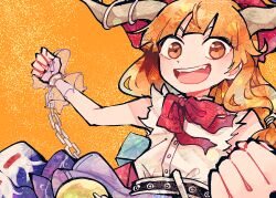1girl :d blue_skirt bow bowtie brown_horns chain clenched_hands commentary_request cuffs horn_ornament horn_ribbon horns ibuki_suika itomugi-kun long_hair looking_at_viewer open_mouth orange_background orange_eyes orange_hair red_bow red_bowtie ribbon shackles shirt skirt smile solo teeth torn_clothes torn_sleeves touhou upper_body upper_teeth_only white_shirt