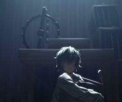 Rule 34 | 1boy, 23i2ko, cage, chain, clenched hand, facing viewer, gears, grey hair, hair over eyes, holding, limited palette, little nightmares ii, male focus, messy hair, oversized clothes, oversized shirt, runaway kid (little nightmares), shirt, short hair, solo, spoon, upper body, white shirt
