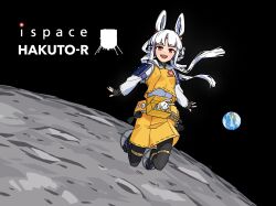 Rule 34 | 1girl, belt, belt pouch, black gloves, black pantyhose, commentary, earth (planet), english commentary, fingerless gloves, full body, gloves, highres, long hair, looking at viewer, mecha musume, moon, open mouth, orange skirt, original, outstretched arms, pantyhose, personification, planet, pouch, red eyes, sbarky38, skirt, solo, space, spacecraft, spread arms, teeth, upper teeth only, white hair