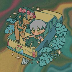 118ween 1boy 1girl :3 arm_tattoo bikini blue_hair bracelet braid car chibi commentary commentary_request dark-skinned_female dark_skin dragona_joestar dreadlocks earrings flower gloves green_eyes grey_hair head_wreath hood hood_down jewelry jodio_joestar jojo_no_kimyou_na_bouken lava_rock leg_tattoo long_hair looking_at_viewer lowres male_focus mini_person miniboy motor_vehicle plant short_hair single_braid sitting sparkle swimsuit tattoo the_jojolands wing_ornament