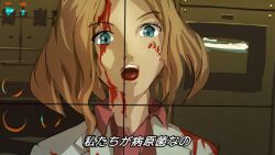 1girl blood blood_on_clothes blood_on_face blue_eyes brown_hair byneet commentary engi_(animation_studio) gamera_(series) gamera_-rebirth- japanese_text kadokawa lab_coat looking_at_viewer melchiorri_emiko monitor open_mouth pov scientist teeth tongue translation_request