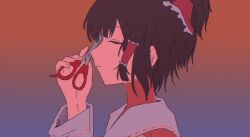 Rule 34 | 1girl, 833 (cookie), bow, brown hair, closed eyes, closed mouth, cookie (touhou), detached sleeves, expressionless, frilled bow, frilled hair tubes, frills, gradient background, grey background, hair bow, hair tubes, hakurei reimu, highres, netsu ijou (utau), orange background, profile, red bow, ribbon-trimmed sleeves, ribbon trim, scissors, short hair, solo, touhou, upper body, zeropower 000