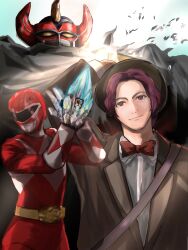 2boys bag bodysuit bow bowtie brown_cloak brown_coat brown_eyes brown_hair brown_hat clapping cloak coat collared_shirt commentary_request daizyuzin dual_persona gloves hand_on_own_hat hat helmet highres holding holding_weapon kyouryuu_sentai_zyuranger looking_at_viewer loomroomt male_focus mecha multiple_boys no.1_sentai_gozyuger oosai_meguru red_bodysuit red_bow red_bowtie red_helmet robot shirt shoulder_bag sunlight super_sentai tega_sword tokusatsu tsumega_buckle tyranno_ranger weapon white_gloves white_shirt wing_collar