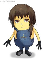 1boy 1girl asymmetrical_hair brown_eyes brown_hair colored_skin crossover despicable_me facing_viewer full_body hair_ornament highres indioweeaboo iwakura_lain looking_at_viewer minion_(despicable_me) overalls parody scooby-doo scooby-doo_(character) serial_experiments_lain shaggy_rogers simple_background solo standing tagme three_fingers what white_background x_hair_ornament yellow_skin