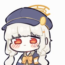 1girl animated animated_gif aoba_(blue_archive) armband black_hat blonde_hair blue_archive blush bow bowtie cabbie_hat chibi hair_ornament halo hat jacket long_hair looking_at_viewer low_twintails middle_finger orange_halo piki_(itpiki) red_eyes simple_background solo twintails white_background yellow_armband yellow_bow yellow_bowtie