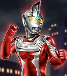 1boy alien aqua_gemstone armor blurry blurry_background breastplate building city city_lights cityscape clenched_hands colored_skin commentary crystal eye_slugger fighting_stance forehead_jewel gem giant glowing glowing_eyes hands_up hanejidyna86 highres looking_ahead male_focus multicolored_skin night night_sky outdoors pectorals red_skin silver_skin sky skyscraper solo standing tokusatsu toned toned_male twitter_username two-tone_skin ultra_series ultraman_neos_(series) ultraseven_21 upper_body wrinkled_skin yellow_eyes