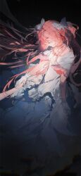 1girl absurdly_long_hair black_background bow chinese_commentary choker cleavage_cutout closed_mouth clothing_cutout collarbone commentary_request dress expressionless eyelashes feet_out_of_frame frilled_dress frilled_sleeves frills gloves hair_bow highres holding_hands kaname_madoka long_dress long_hair looking_at_hand mahou_shoujo_madoka_magica mahou_shoujo_madoka_magica_(anime) net pink_hair riko-m short_sleeves solo_focus two_side_up ultimate_madoka very_long_hair white_bow white_choker white_dress white_gloves wide_sleeves yellow_eyes