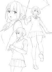 Rule 34 | 1girl, :o, blush, collared shirt, cowboy shot, dress shirt, full body, holding, holding umbrella, lineart, loafers, long sleeves, monochrome, multiple views, open mouth, original, pleated skirt, ryuuta (msxtr), school uniform, shirt, shoes, short hair, skirt, socks, sweater vest, umbrella
