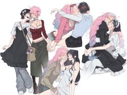 2girls alien_stage animal_ears arms_around_waist bag bare_arms black_choker black_dress black_skirt blue_hair blue_vest blush bow braid breasts brown_sweater character_doll choker cleavage closed_eyes closed_mouth commentary covering_another&#039;s_mouth cropped_hoodie denim doll dress eyewear_on_head flying_sweatdrops glasses gradient_hair grey_pants grey_skirt hair_bow hand_on_another&#039;s_face hand_on_another&#039;s_thigh hand_on_another&#039;s_waist handbag heart highres hood hoodie jeans jewelry juliet_sleeves long_hair long_sleeves looking_at_another maid maid_headdress mizi_(alien_stage) monnbr multicolored_hair multiple_girls necklace open_mouth pants parted_lips pinafore_dress pink_hair pink_hoodie pink_nails plaid_clothes plaid_skirt puffy_sleeves red_shirt shirt shoes simple_background single_braid sitting sitting_on_lap sitting_on_person skirt sleeveless sleeveless_dress smile sua_(alien_stage) sunglasses sweater symbol-only_commentary turtleneck turtleneck_sweater vest white_background white_bow white_choker white_dress white_headdress white_shirt white_shoes yuri