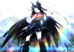 Rule 34 | 1girl, black hair, black skirt, black wings, bow, closed mouth, colored skin, commentary request, expressionless, feathered wings, feet out of frame, gorilla (bun0615), grey bow, hair bow, highres, long hair, looking at viewer, mute, orange eyes, puffy short sleeves, puffy sleeves, rainbow, reiuji utsuho, shirt, short sleeves, skirt, solo, standing, third eye, touhou, white background, white shirt, white skin, wings