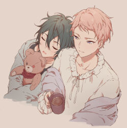 Rule 34 | black shirt, blue eyes, blue jacket, closed eyes, closed mouth, coffee, coffee mug, collarbone, cup, ensemble stars!, green hair, hair between eyes, highres, holding, holding cup, itsuki shu, jacket, kagehira mika, long sleeves, male focus, mug, multiple boys, off shoulder, open mouth, pink hair, shirt, short hair, simple background, stuffed animal, stuffed toy, teddy bear, white shirt, yutsumoe