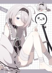 1girl absurdres ahoge bandage_on_leg bandaged_leg bandages black_hairband black_survival blue_eyes cuffs cuffs-to-collar dress eternal_return:_black_survival eyepatch frilled_eyepatch grey_shawl hagoonha hair_over_one_eye hairband highres long_sleeves looking_at_viewer medical_eyepatch shawl shirt short_hair sissela_kyle solo white_background white_hair