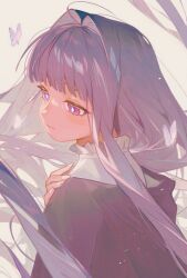 Rule 34 | 1girl, blunt bangs, blush, bright pupils, bug, butterfly, closed mouth, eyelashes, fern (sousou no frieren), fingernails, hair intakes, highres, insect, long hair, looking afar, purple butterfly, purple eyes, purple hair, solo, sousou no frieren, upper body, very long hair, white background, white pupils, wsfish8