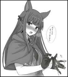 1girl animal_ears bad_id bad_twitter_id black_gloves blush breasts cloak dress eyebrows_hidden_by_hair gloves unworn_gloves greyscale hair_ribbon highres kasumi_(princess_connect!) long_hair looking_at_viewer mobu monochrome necktie open_mouth princess_connect! ribbon simple_background sleeveless sleeveless_dress solo white_background