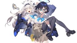 2girls absurdres aqua-framed_eyewear bag bag_charm black_footwear black_hair black_hairband black_jacket black_pantyhose black_thighhighs blue_archive blue_jacket blue_necktie blush breasts brown_skirt carrying charm_(object) chihiro_(blue_archive) closed_eyes commentary cowboy_shot earclip eyepatch flower full_body glasses green_eyes grey_hair hair_between_eyes hair_flower hair_ornament hairband halo highres himari_(blue_archive) jacket large_breasts loafers long_hair looking_at_viewer mole mole_under_eye multicolored_jacket multiple_girls necktie open_clothes open_mouth pantyhose pointy_ears princess_carry rabbit_hair_ornament ramuri school_bag school_uniform semi-rimless_eyewear shirt shoe_dangle shoes short_hair simple_background skirt sleep_mask sticker stuffed_animal stuffed_toy thighhighs two-tone_jacket very_long_hair white_background white_shirt