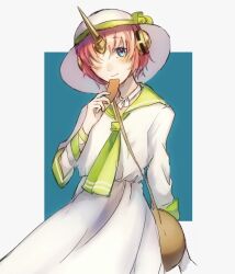 Rule 34 | 1girl, ascot, bag, blue eyes, closed mouth, dress, fate/grand order, fate (series), frankenstein&#039;s monster (fate), green ascot, green sailor collar, hair over one eye, hat, holding, horns, looking at viewer, mushiao, pink hair, sailor collar, short hair, single horn, solo, white dress, white hat