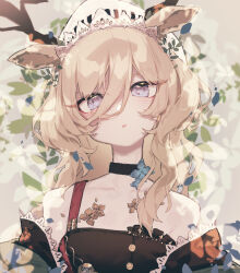 1girl absurdres animal_ears antlers arknights bare_shoulders beudelb black_choker blonde_hair blush choker collarbone deer_antlers deer_ears deer_girl hair_between_eyes hat head_tilt highres horns long_hair looking_at_viewer official_alternate_costume parted_lips purple_eyes single_strap solo upper_body viviana_(arknights) viviana_(sent_from:_ognisko)_(arknights) white_hat