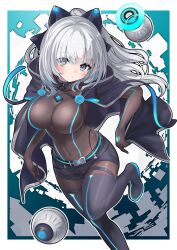 1girl absurdres black_bodysuit blue_eyes bodysuit boots breasts doroame_(ameyu) drone grey_hair highres large_breasts long_hair looking_at_viewer original solo thigh_boots thighs