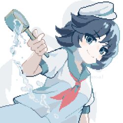 artist_name black_hair collared_shirt dutch_angle futsu_nomal green_eyes hat highres holding holding_ladle ladle looking_at_viewer murasa_minamitsu neckerchief pixel_art red_neckerchief shirt short_hair short_sleeves smile touhou upper_body water white_background white_hat white_shirt