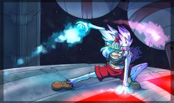 1boy angry arm_support epic hair_over_one_eye legs magic monkey navel red_eyes saru_getchu shorts solo sony specter_(saru_getchu) thighs