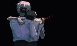 2boys black_background black_hair black_pants bomb collared_shirt explosive from_behind grey_hair hand_on_another&#039;s_back hand_on_another&#039;s_hand head_on_another&#039;s_shoulder highres ikari_shinji lance_of_longinus_(evangelion) male_focus multiple_boys nagisa_kaworu neon_genesis_evangelion pale_skin pants shirt short_hair simple_background string string_of_fate white_shirt yaoi zhiwukafuka
