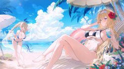 2girls :d anklet arm_up bare_shoulders barefoot beach bikini black_bikini blonde_hair blue_bikini blue_eyes blush breasts cleavage closed_mouth crossed_legs day flower foot_out_of_frame fymrie hair_flower hair_ornament highres holding jewelry large_breasts long_hair looking_at_viewer multiple_girls navel ocean open_mouth original outdoors parasol ponytail side-tie_bikini_bottom sitting smile standing stomach swimsuit thighs umbrella underboob water yellow_eyes