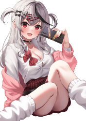 1girl :d absurdres black_choker black_hair blush bow bowtie breasts button_gap cellphone choker cleavage collared_shirt commentary_request crossed_bangs dress_shirt fang grey_hair hair_ornament hairclip highres holding holding_phone hololive long_sleeves looking_at_viewer loose_bowtie medium_breasts miniskirt multicolored_hair nikahoshikuzu official_alternate_costume open_clothes open_mouth phone pink_nails plaid_clothes plaid_skirt pleated_skirt red_bow red_bowtie red_eyes red_skirt sakamata_chloe sakamata_chloe_(gyarumata) school_uniform shirt simple_background sitting skirt smartphone smile socks solo spiked_ear_piercing streaked_hair two_side_up virtual_youtuber white_background white_shirt white_socks wing_collar
