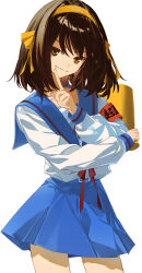 Rule 34 | 1girl, absurdres, armband, blue sailor collar, blue skirt, brown eyes, brown hair, commentary request, finger to mouth, hair intakes, hair ribbon, hairband, highres, holding, holding megaphone, kita high school uniform, long sleeves, looking at viewer, matsunaga777, megaphone, red armband, red ribbon, ribbon, sailor collar, school uniform, serafuku, simple background, skirt, smile, solo, standing, suzumiya haruhi, suzumiya haruhi no yuuutsu, thighs, white background, winter uniform, yellow hairband, yellow ribbon