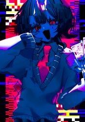 1girl abstract_background absurdres aduma_tobari black_hair cardigan censored chromatic_aberration distortion glitch highres holding long_sleeves looking_at_viewer mosaic_censoring necktie open_mouth original red_eyes red_necktie shirt short_hair smile solo white_shirt