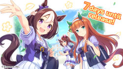 3girls animal_ears arm_up back_bow bag blue_eyes blue_sky blunt_bangs bow bowtie breasts brown_hair building clenched_hands closed_mouth cloud collarbone company_name copyright_notice cygames ear_covers ear_ornament ear_ribbon english_text floating floating_clothes floating_hair flower frilled_skirt frills from_behind hair_between_eyes hair_ornament hairband highres horse_ears horse_girl horse_tail horseshoe_ornament leaf loafers long_hair looking_at_viewer looking_back medium_breasts multicolored_hair multiple_girls official_art one_eye_closed open_hand open_mouth outdoors pink_ribbon plaid_clothes plaid_skirt ponytail puffy_short_sleeves puffy_sleeves purple_bow purple_eyes ribbon sailor_collar school_bag school_uniform second-party_source shoes short_sleeves silence_suzuka_(umamusume) skirt sky small_breasts smile special_week_(umamusume) standing standing_on_one_leg summer_uniform tail teeth thighhighs tokai_teio_(umamusume) tracen_academy tracen_school_uniform tree umamusume upper_body upper_teeth_only white_hair white_skirt white_thighhighs zettai_ryouiki